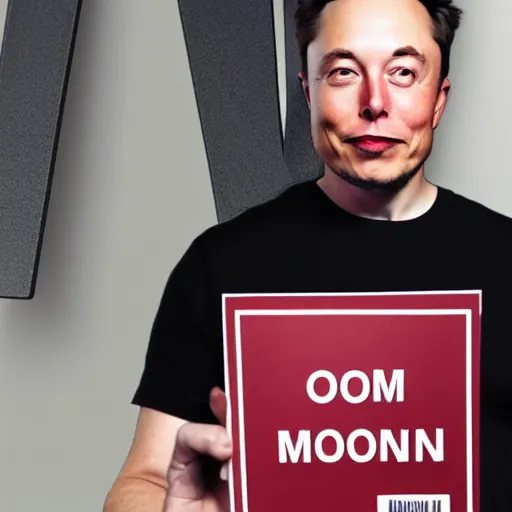 Prompt: a medium shot photograph of elon musk holding a sign with the word SOON SOON SOON SOON' on it, 4k, ultra HD