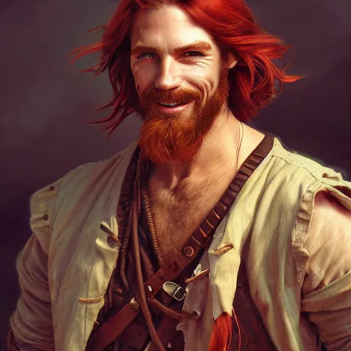 Image similar to portrait of a young ruggedly handsome but joyful pirate, male, masculine, upper body, crimson hair, long hair, d & d, fantasy, smirk, intricate, elegant, highly detailed, digital painting, artstation, concept art, matte, sharp focus, illustration, art by artgerm and greg rutkowski and alphonse mucha