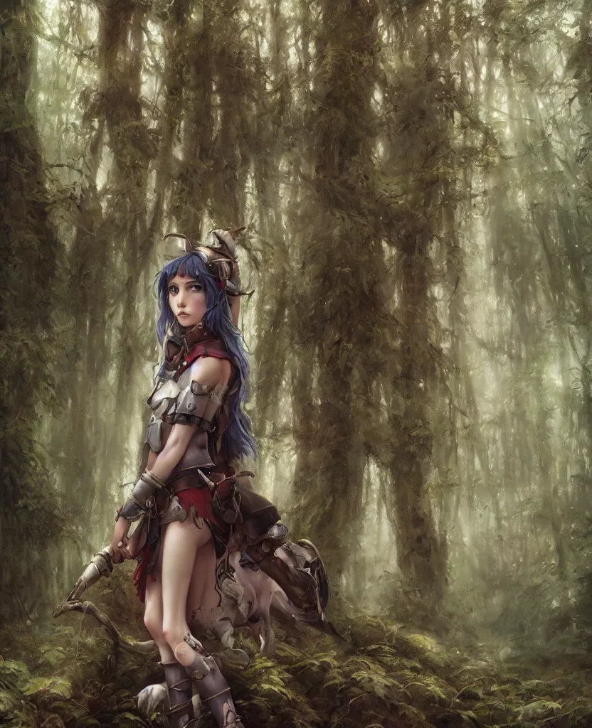 Image similar to portrait of Princess Mononoke girl, fully clothed in armor, lush forest landscape, painted by tom bagshaw, proko, artgerm, norman rockwel, james gurney, denoised, sharp, architectural