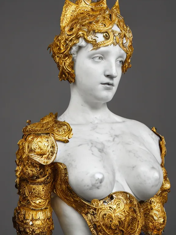 Prompt: a dramatically lit art nouveau white marble head and torso sculpture of a worried young christina hendricks, wearing intricate gold plate armor on her chest and a golden helmet, delicate, intricate, smooth, beautiful, glowing, by charles van der stappen