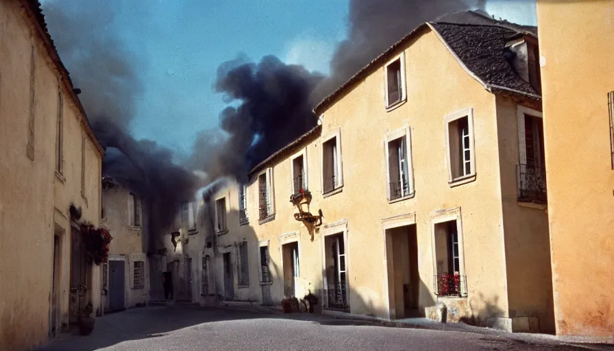 Image similar to 1 9 6 0 s movie still of a burning french style townhouse in a small french village, cinestill 8 0 0 t 3 5 mm technicolor, high quality, heavy grain, high detail, texture, dramatic light, ultra wide lens, panoramic anamorphic, hyperrealistic