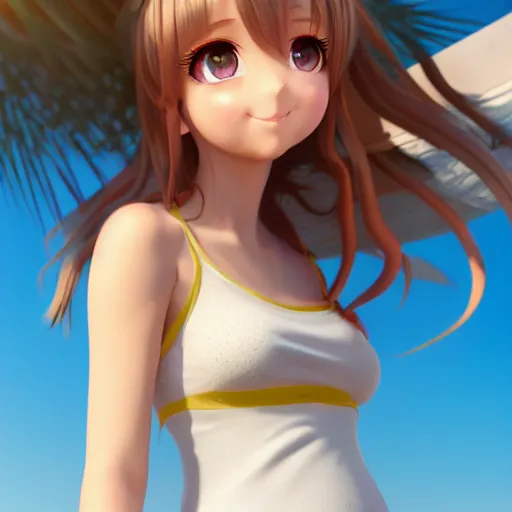 Prompt: Render of a very very very beautiful 3d anime girl, long hair, hazel eyes, cute freckles, full round face, short smile, cute sundress, golden hour, serene beach setting, medium shot, mid-shot, highly detailed, trending on Artstation, Unreal Engine 4k