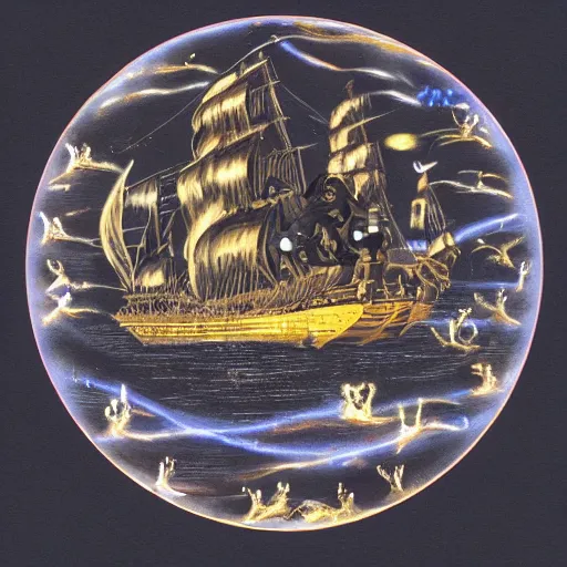 Image similar to A picture of the black pearl from pirates of the carribean with many glowing cats sitting in a circle on it