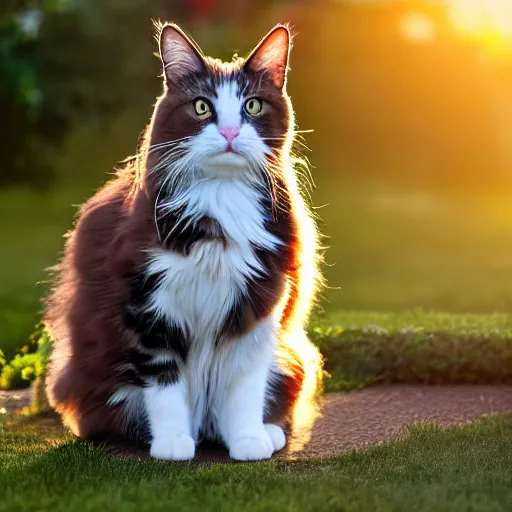 Image similar to a fluffy cute calico cat sitting on the corner of a front yard outside in the late afternoon on a beautiful summer day, sunset