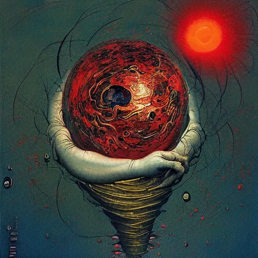 Image similar to a sphere being devoured by abstract splatters of paint in the style of francis bacon, venus being engulfed in flames in the style of james jean, surreal, beksinski, high detailed