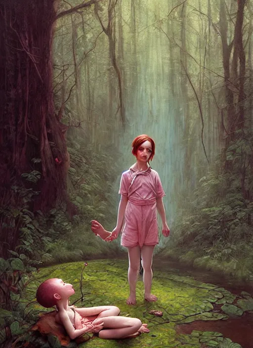 Image similar to bubblegum in the woods by a stream, river gorgeous lighting, lush forest foliage blue sky a hyper realistic painting by chiara bautista and beksinski and norman rockwell and greg rutkowski, tom bagshaw weta studio, and lucasfilm