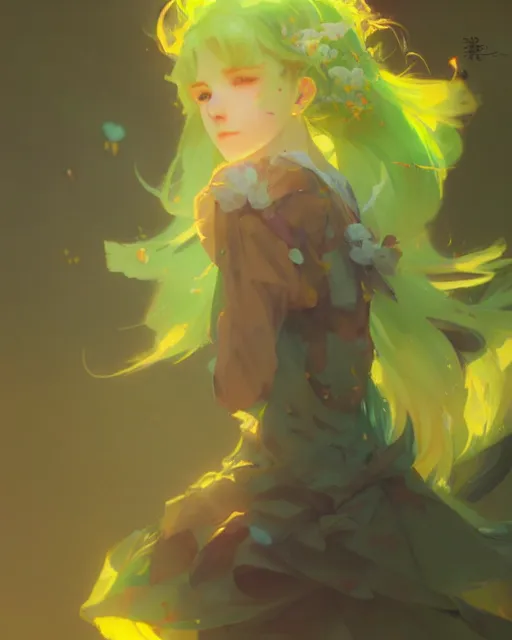 Image similar to girl with green hair and yellow clothing, flower decoration on the background, a beautiful half body illustration, top lighting, perfect shadow, soft painting, art by hidari and krenz cushart and wenjun lin