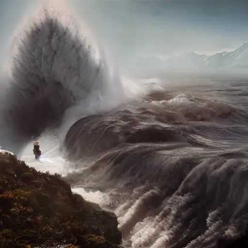 Image similar to 1,700 foot tsunami by Jimmy Nelson and Annie Leibovitz, trending on artstation, 8k resolution