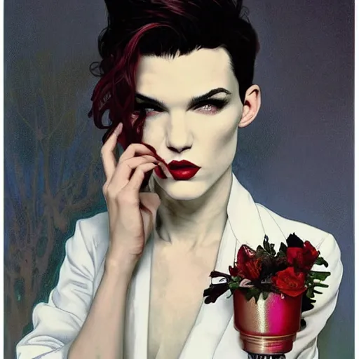 Image similar to beautiful portrait of androgynous ruby rose as desire from sandman in a white tuxedo!!!, rockabilly style,, by alphonse mucha, by jeremy mann, by peter lindbergh, dave mckean, by frank moth, white suit and black tie, soft lightning, high detailed, 8 k