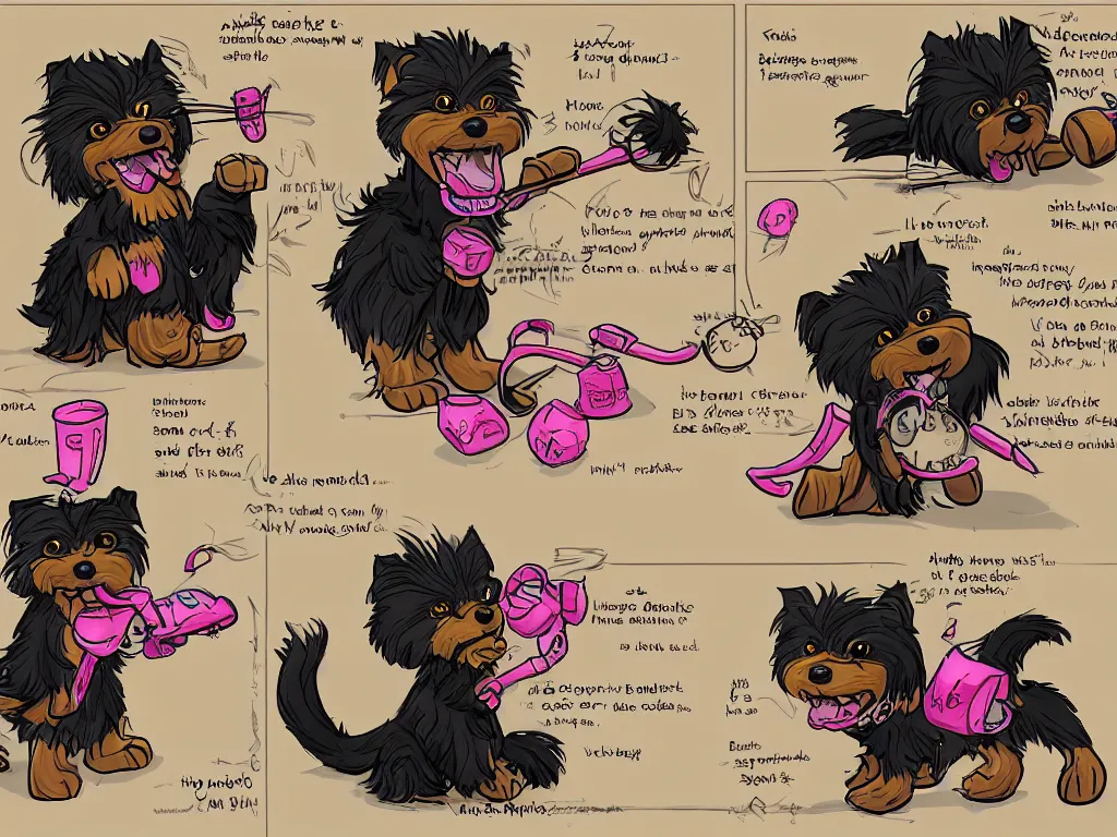 Prompt: a 4-frame comic strip of a smiling black and caramel Yorkshire Terrier, fighting with a pink rubber monkey in a steampunk Los Angeles, D&D, fantasy, highly detailed, digital painting, artstation, concept art, smooth, sharp focus, illustration, art by Mauricio de Sousa