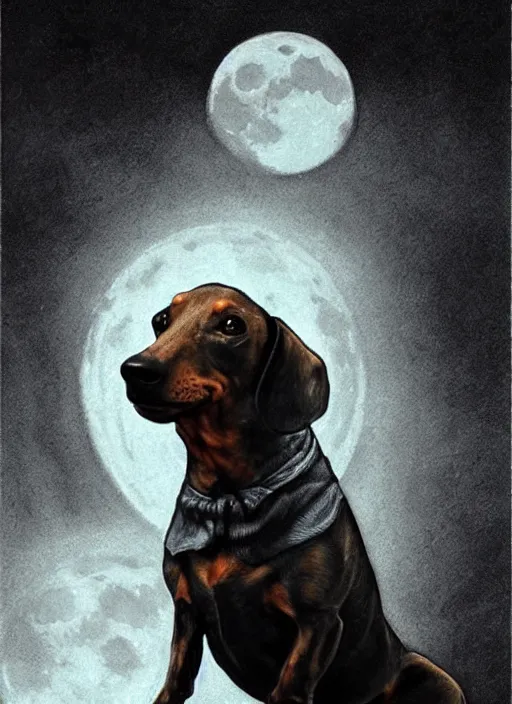 Prompt: a dachshund howling at the moon dark colors, sinister atmosphere, dramatic lighting, cinematic, establishing shot, extremely high detail, photo realistic, cinematic lighting, pen and ink, intricate line drawings, by Yoshitaka Amano, Ruan Jia, Kentaro Miura, Artgerm, post processed, concept art, artstation, matte painting, style by eddie mendoza, raphael lacoste, alex ross