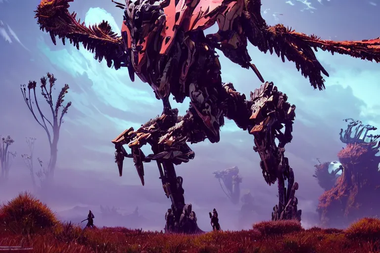 Image similar to wide epic shot. a hyper detailed spikesnout evangelion realistic mechanical and organic creature similar look as horizon forbidden west horizon zero dawn, bioluminiscence in a dark deep forest at dawn in spring, with reflection and textures, by kilian eng, substance painter reaslitic mech surface metal painted scratches, world env from horizon forbidden west horizon zero dawn