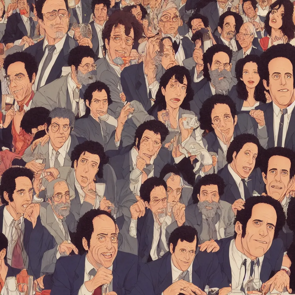 Image similar to highly detailed illustration of all the known species of seinfeld cast, jewish, yiddish, kosher and gentile by juan gatti, by makoto shinkai, by moebius!, by oliver vernon