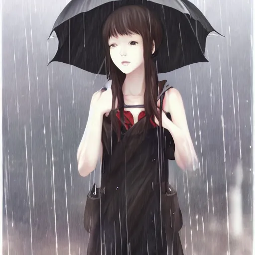 Image similar to portrait of lone girl standing in the melancholic rain, anime fantasy illustration by tomoyuki yamasaki, kyoto studio, madhouse, ufotable, trending on artstation