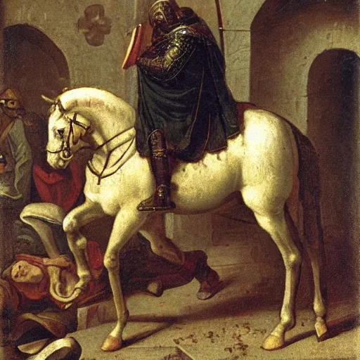 Image similar to a single tired knight returning from the crusades, baroque