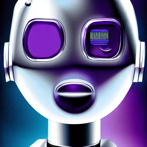 Prompt: airbrush illustration for omni magazine of a chrome robot head, silver and purple colors, illustration, airbrush, magazine cover, vivid, retro, grainy, masterpiece