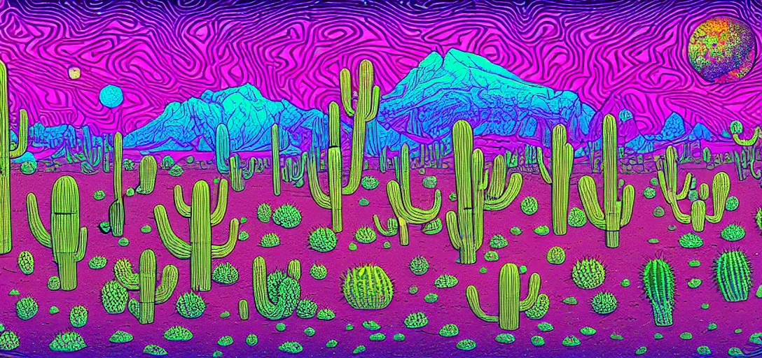 Image similar to A hand drawn digital still of mystical desert with strange ethereal creatures and cactus with a psychedelic night sky in the style of Alex Grey and Moebius, risograph, Artstation HD, 8k, Surrealistic digital artwork,