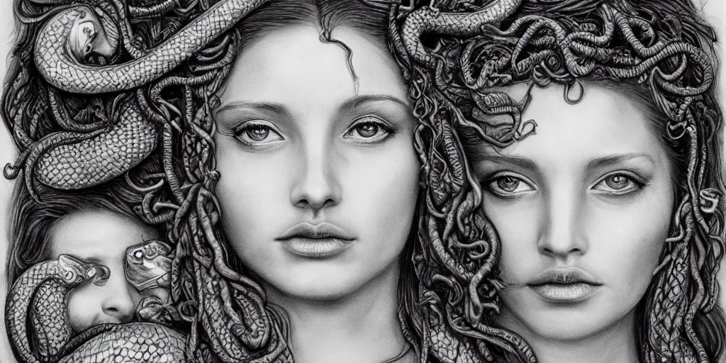 Image similar to realistic portrait of beautiful medusa with her snakes, golden, delicate, facing camera, hyper realism, 1 4 5 0, ink, ultra realistic, 8 k