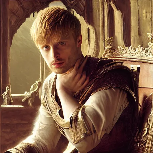 Prompt: attractive bradley james as king arthur pendragon, sat in his throne, big arches in the back, very detailed face, natural lighting, path traced, highly detailed, high quality, digital painting, by gaston bussiere, craig mullins, j. c. leyendecker