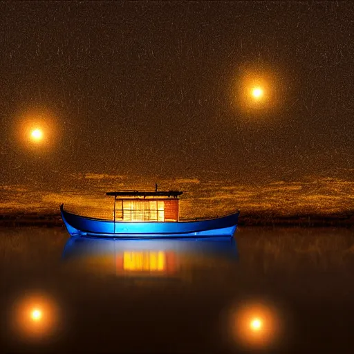 Prompt: boat on a still river, raining and foggy night view, one bright lantern in boat 4 k digital art