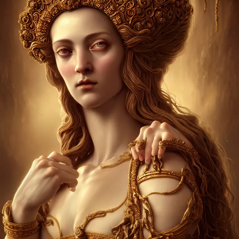 Image similar to renaissance style a wonderful female goddess with a wonderful face and realistic arms and hands and realistic 5 fingers and realistic body with long intricate hair with a beautiful porcelain symmetrical body dressed with a majestic warp ornate cream long cotton dress, hightly ornate, intricate, detailed, dramatic light, cinematic, award winning, octane render, tom bagshaw style