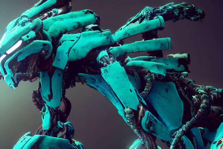 Image similar to portrait of a posed hyper detailed cyan bristleback evangelion realistic mechanical and fleshy organic creature similar look as horizon forbidden west horizon zero dawn bioluminiscence in a dark deep forest at dawn in spring, with reflection and textures, by kilian eng, substance painter reaslitic mech surface metal painted scratches