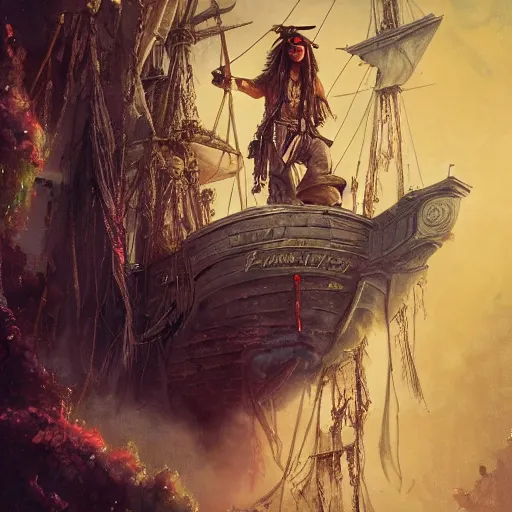 Image similar to a hyperrealistic illustration of Captain Jack Sparrow as Davy Jones, Pirates of the Caribbean Ship with fractal sunlight, award-winning, masterpiece, in the style of Tom Bagshaw, Cedric Peyravernay, Peter Mohrbacher