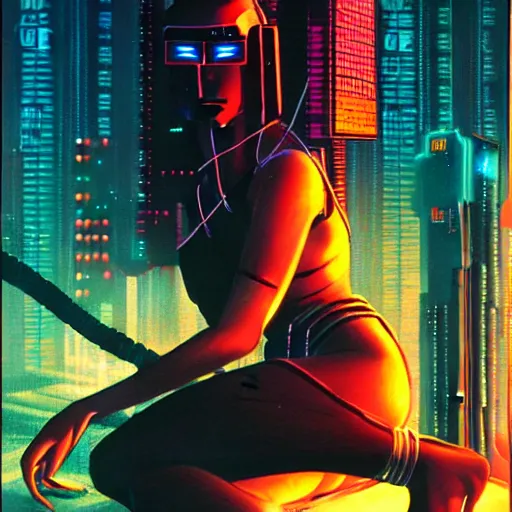 Image similar to cable plugged into cyberdeck, right temple, cyberpunk woman, computer, 1 9 7 9 omni magazine cover, style by vincent di fate, cyberpunk 2 0 2 0