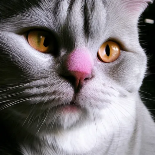 Prompt: a Scottish Fold Cat with pink hair is generating static electricity, Medium shot, wide-angle lens, soft focus, shot on iPhone 6, on Flickr in 2007