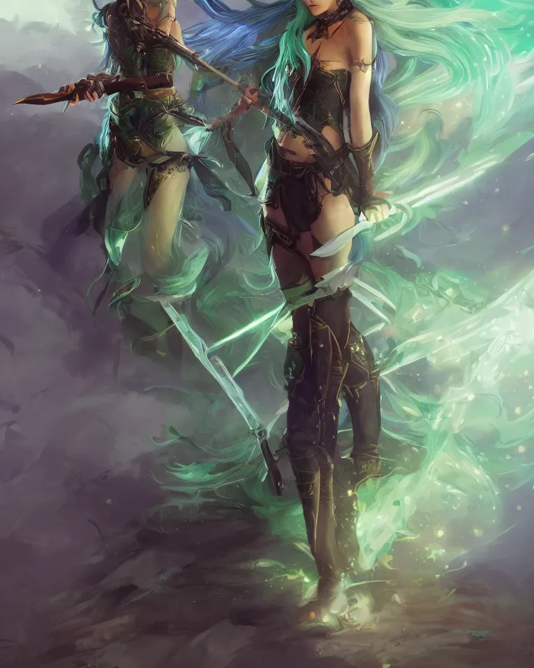 Prompt: portrait of a fantasy half - elf girl with green and blue balayage hair, holding a flintlock pistol, rapier on side, elven clothing, thigh high boots, glowing aura, 4 k, matte painting, greg rutkowski, artstation, concept art