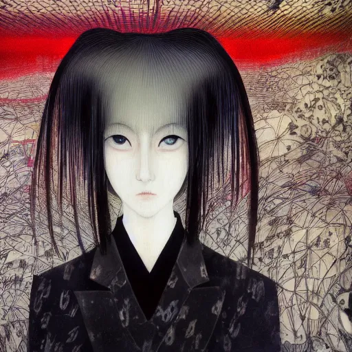 Image similar to yoshitaka amano blurred and dreamy realistic portrait of a woman with black eyes and white hair wearing dress suit with tie, junji ito abstract patterns in the background, satoshi kon anime, noisy film grain effect, highly detailed, renaissance oil painting, weird portrait angle, blurred lost edges, three quarter view