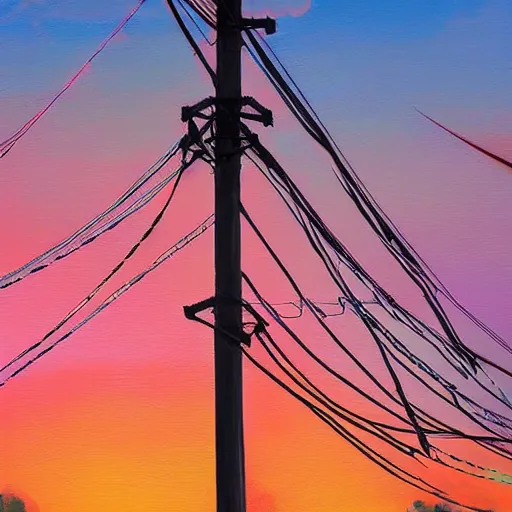 Image similar to colorful bouncing wires on power lines at sunset, beautiful painting, realistic, 4 k, trending on artstation