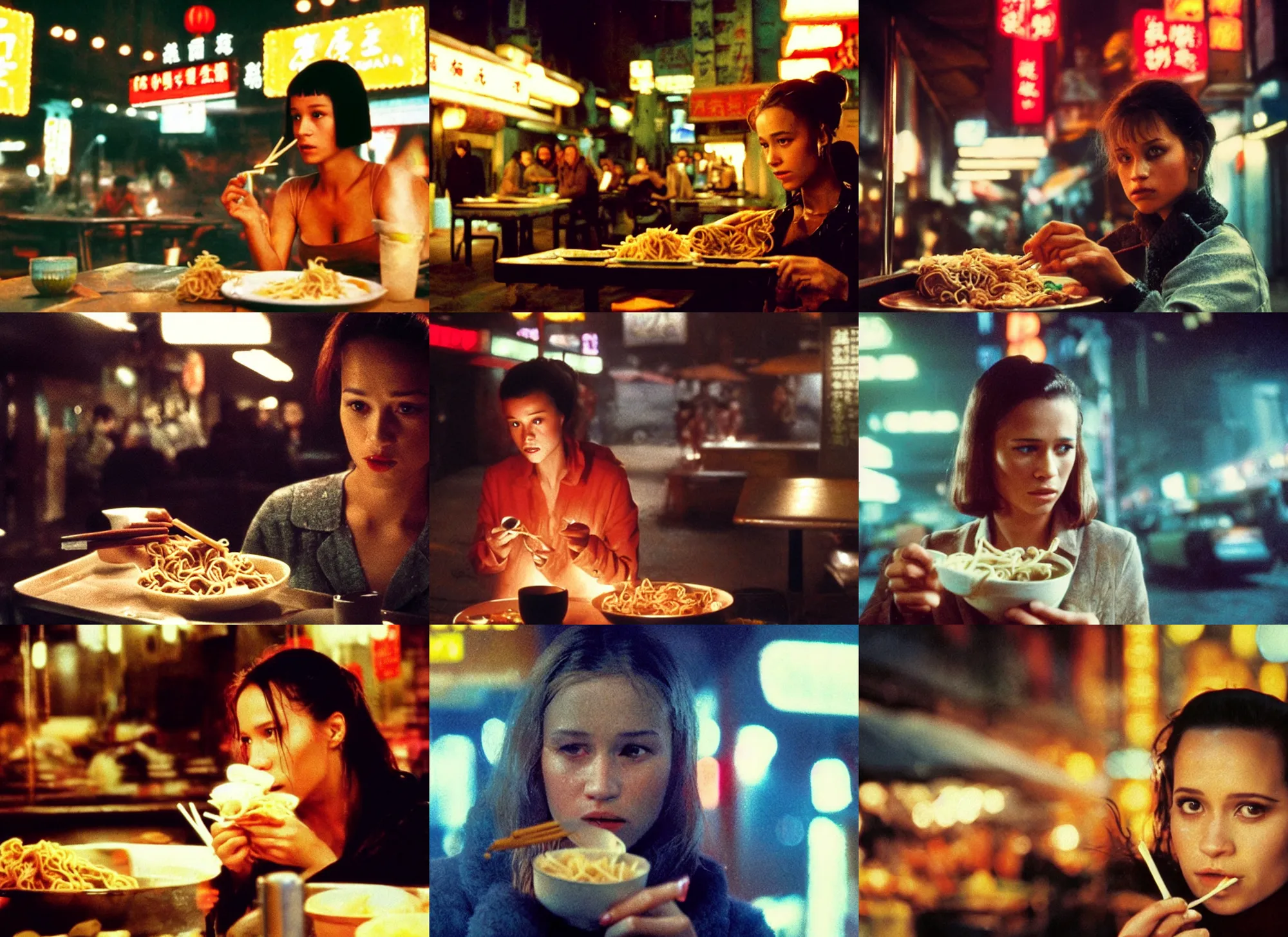 Prompt: A close-up, color outdoor film still of a Alicia Amanda Vikander Eating noodles at a Chinese food stall, ambient lighting at night, from Blade Runner(1982).