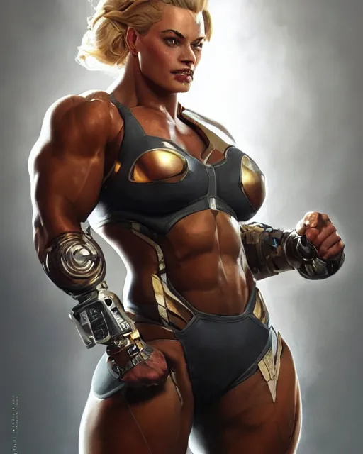 Image similar to full figure ultra realistic illustration, margot robbie as thick female bodybuilder cyborg zarya from overwatch smiling with closed eyes, intricate, elegant, highly detailed, digital painting, artstation, concept art, smooth, sharp focus, illustration, art by artgerm and greg rutkowski and alphonse mucha