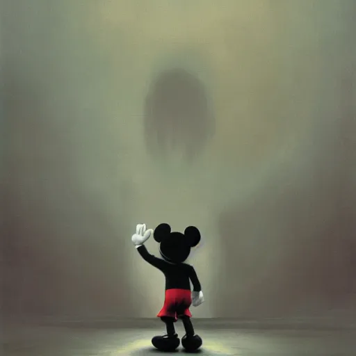 Image similar to mickey mouse [ unmasked ], illustrated by zdzisław beksinski, 4 k, eerie atmosphere, grimly macabre lighting