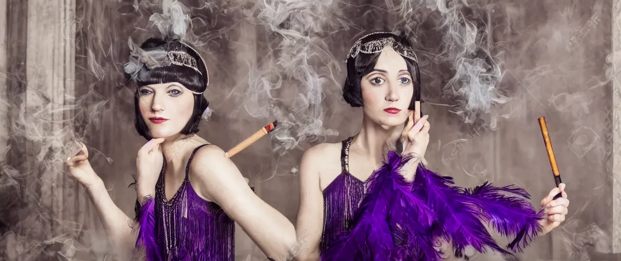 Prompt: interior of a close up portrait of an elegant flapper girl wearing purple feather in her hair and smoking a long cigarette surrounded by amazing ambient and 3 d layered ceiling with reflection in floors