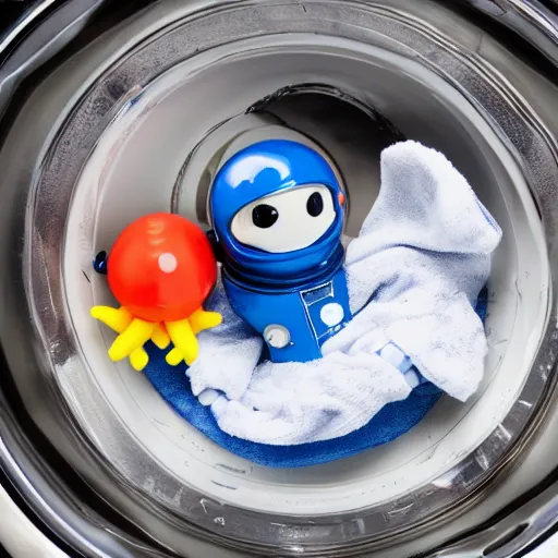 Image similar to Photograph of a terrified toy astronaut being washed in a washing machine. 8k resolution.