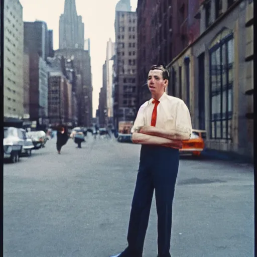 Prompt: street photograph portrait in new york from the 1 9 6 0 s, ultra detailed hyper realistic lifelike, photographed on colour film, photo taken with ektachrome, featured on shutterstock