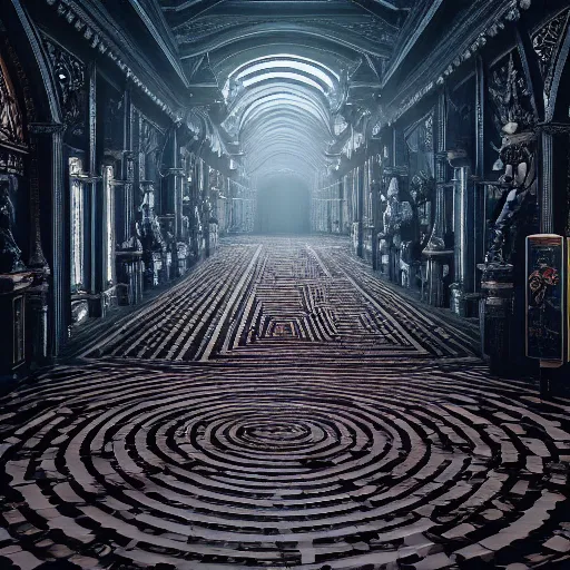 Prompt: Inside of an intricate labyrinth, intricate, baroque, wonderland, mist, cinematic shot, photorealistic, photography, octane, high definition, detailed, 8k, artstation