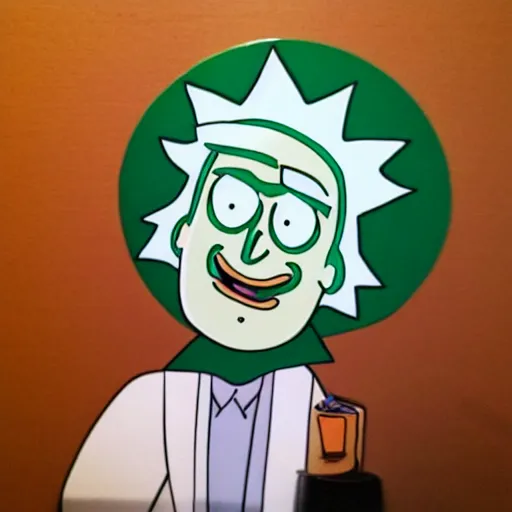 Prompt: Rick Sanchez at starbucks in the style of rick and morty