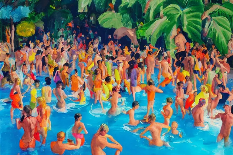 Prompt: “colourful painting of pool party at playboy mansion, by paul wonner, by Eric fischl”