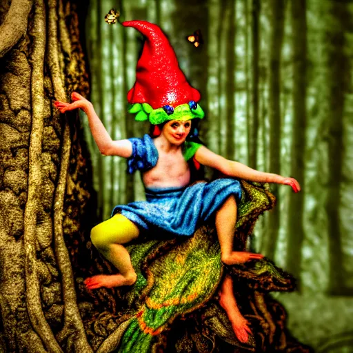 Image similar to a person wearing a jester hat that is a miniature fairy land made of tree limbs and magical tiny teklevisions, film strip theme, soft look, highly detailed, hdr