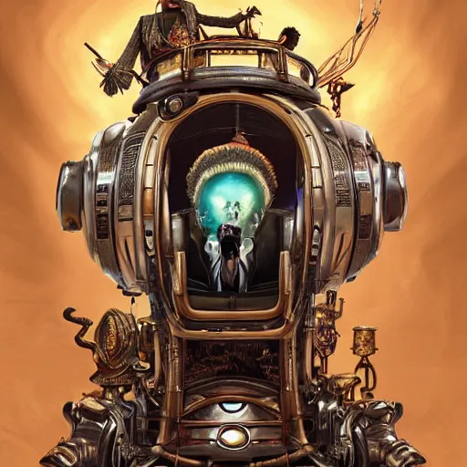 Prompt: an african scientist with a gigantic!! head in a very decadent and ornate steampunk wheelchair, by android jones and greg rutkowski and fernando botero in a surreal portrait style, wide angle dynamic portrait, overwatch character art, digital illustration highly detailed, extremely symmetrical, rim lighting, 8 k, hd