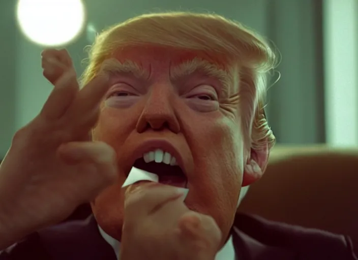 Prompt: cinematic screenshot of trump eating wads of crumpled paper in his mouth, screenshot from the tense thriller film ( 2 0 0 1 ) directed by spike jonze, dramatic backlit window, volumetric hazy lighting, moody cinematography, 3 5 mm kodak color stock, 2 4 mm lens, ecktochrome