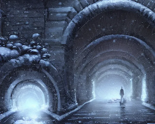 Image similar to A Portal in a snowing tunnel, napoleonic era, digital art, highly detailed, trending on artstation, tense mood