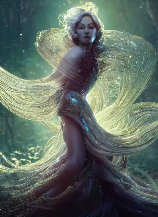 Image similar to beauteous practical sumptuous biomechanical with incredible iridescent pearlescent voluminous hair, crystalline masterpiece incrustations, hyperdetailed face, elegant pose, movie still, cinematic forest lighting, intricate accuracy, octane render, cgsociety, artgerm, unreal engine, crepuscular rays, god rays