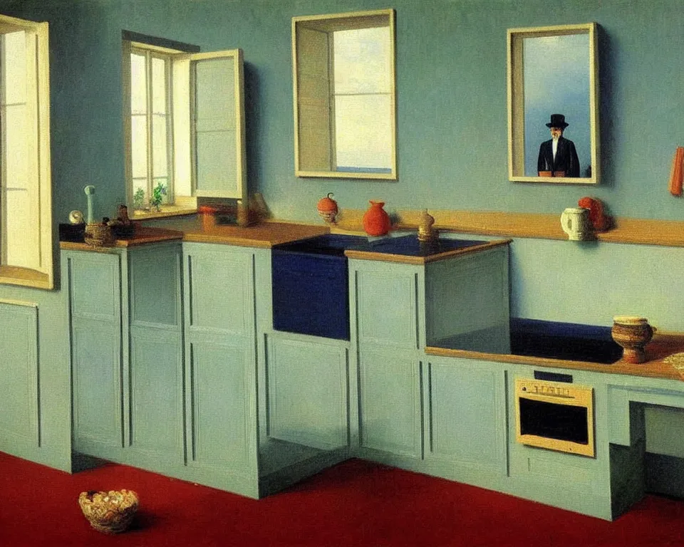 Image similar to achingly beautiful painting of a sophisticated, well - decorated kitchen by rene magritte, monet, and turner.