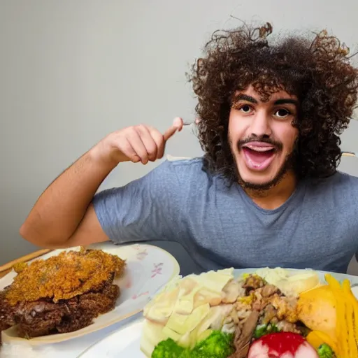 Image similar to curly haired mixed Hispanic 20 year old with a huge underbite looks in awe at a gigantic feast in front of him