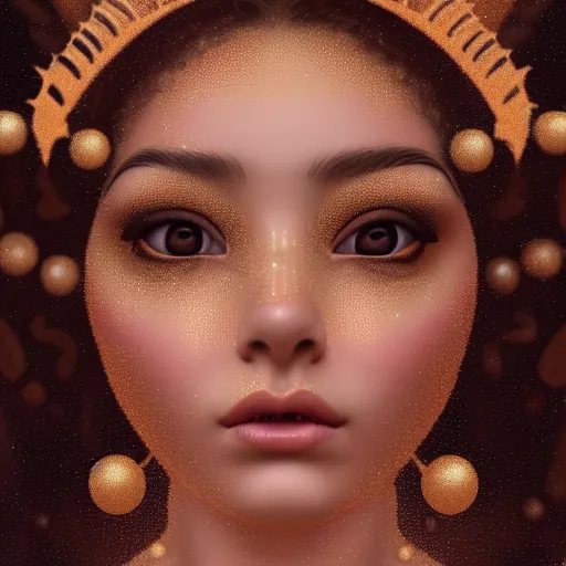 Image similar to vintage portrait of fairy goddess, zoom, rule of thirds, atmosphere, intricate, regal, latinas, ( brown skin ), symmetrical!!, loreal, maybelline, sephora, loreal, artstation, art by lee man fong, moody, ( ( cinematic ) ) concept art, filmic, vsco