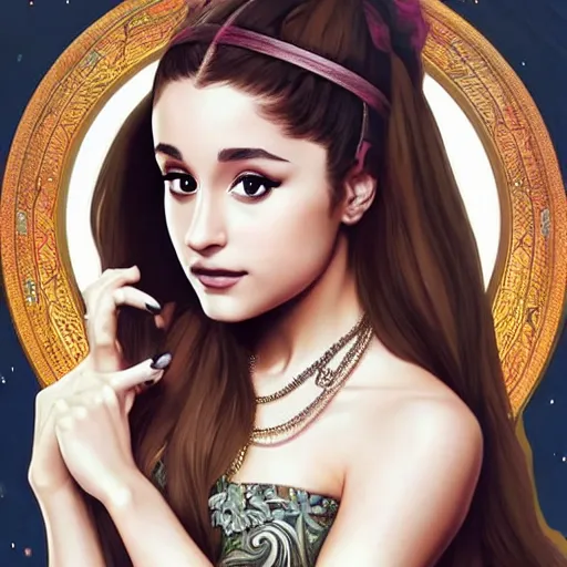 Image similar to Ariana Grande with a mustache, intricate, elegant, highly detailed, centered, digital painting, artstation, concept art, smooth, sharp focus, illustration, art by artgerm and H R Giger and alphonse mucha